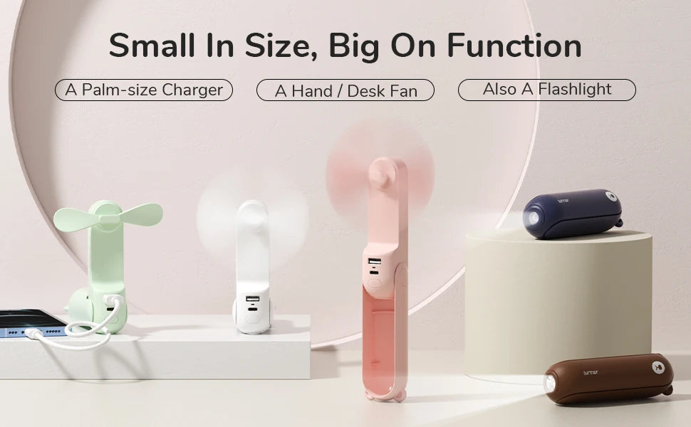 3-in-1 Mini Handheld Fan – USB, Power Bank & Light