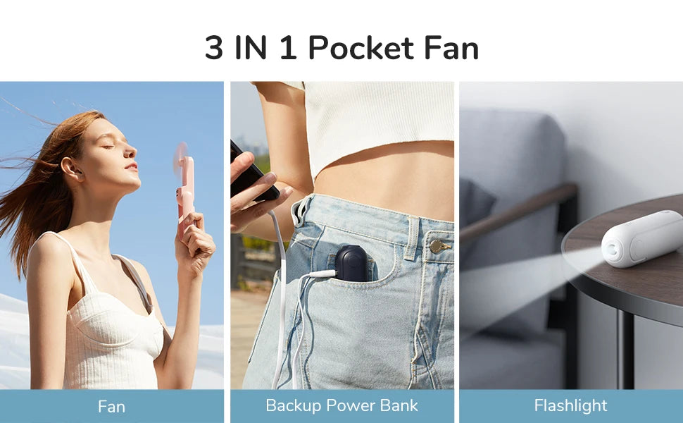 3-in-1 Mini Handheld Fan – USB, Power Bank & Light