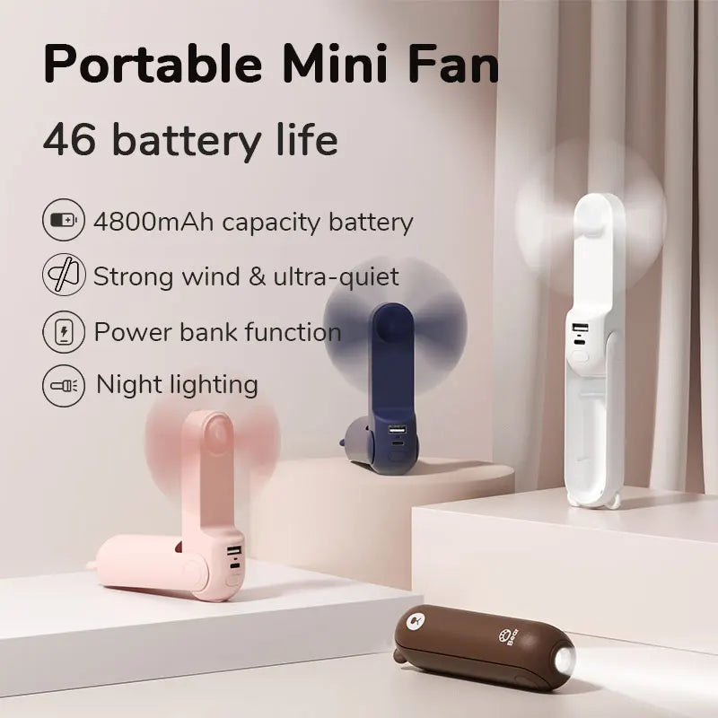 3-in-1 Mini Handheld Fan – USB, Power Bank & Light